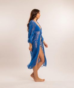 kimono long bleu brodé