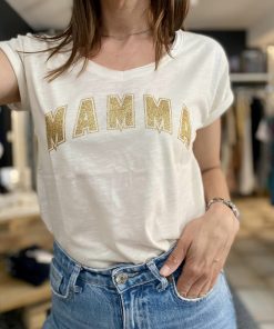 Tee-shirt femme blanc imprimé doré Mamma.