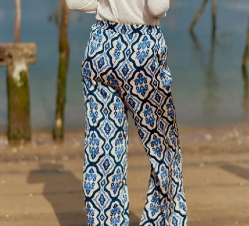 Pantalon large imprimé bleu et blanc Latéa