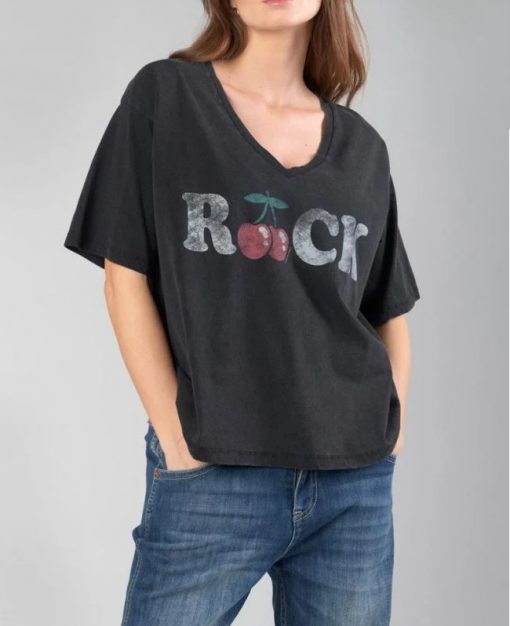 Tee-shirt noir délavé imprimé rock Auldi