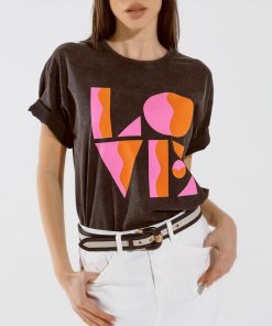 T-shirt noir délavé inscription Love
