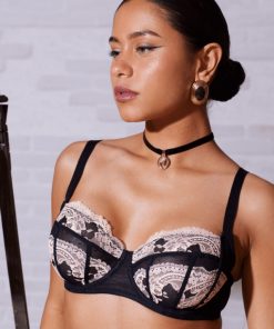 Soutien-gorge armature dentelle tulle noir poudré DEF
