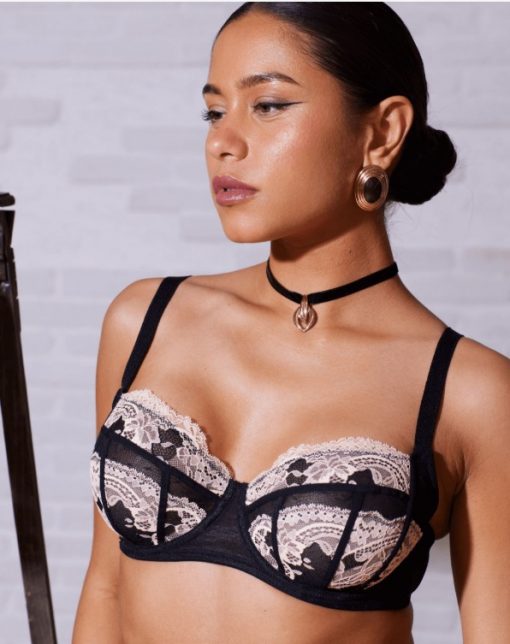 Soutien-gorge armature dentelle tulle noir poudré DEF