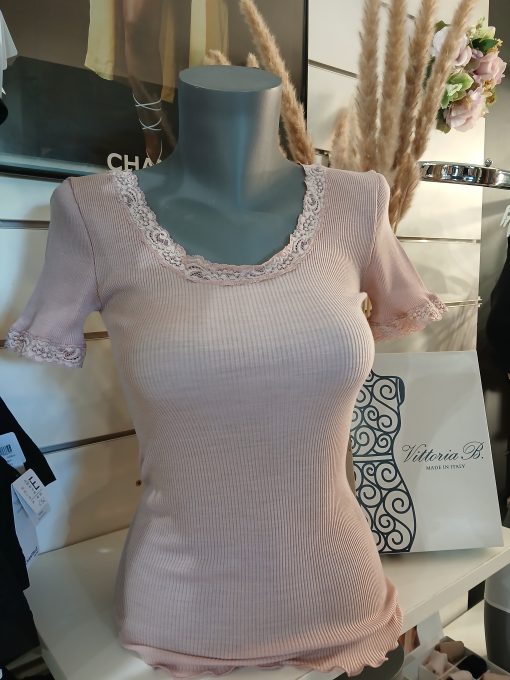 Tee-shirt manches courtes rose laine et soie