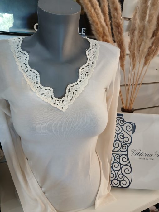 Tee-shirt manches longues crème modal et cachemire
