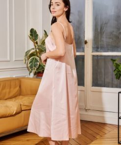 Nuisette longue et kimono satin rose
