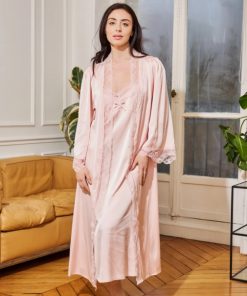 Nuisette longue et kimono satin rose