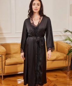 Nuisette longue et kimono satin noir