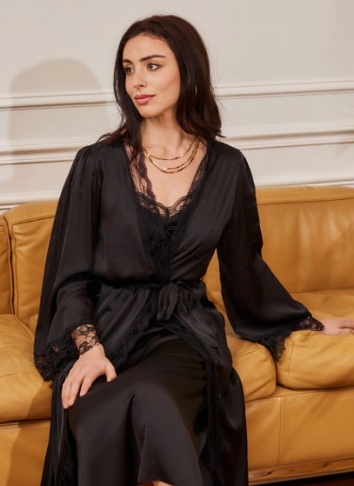 Nuisette longue et kimono satin noir
