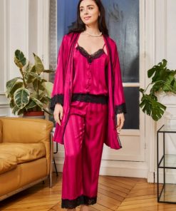 Pyjama pantalon caraco et kimono satin rouge
