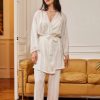 Pyjama pantalon caraco et kimono satin blanc