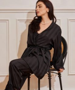 Pyjama pantalon caraco et kimono satin noir