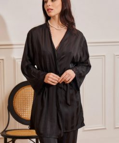 Pyjama pantalon caraco et kimono satin noir