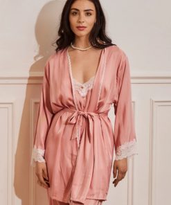 Pyjama pantalon caraco et kimono satin rose