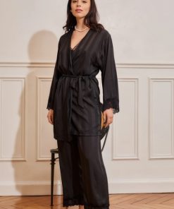 Pyjama pantalon caraco et kimono satin noir