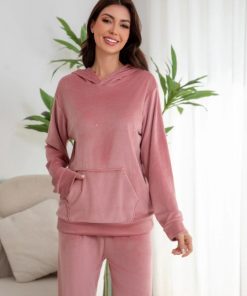 Pyjama pantalon et sweat en velours rose