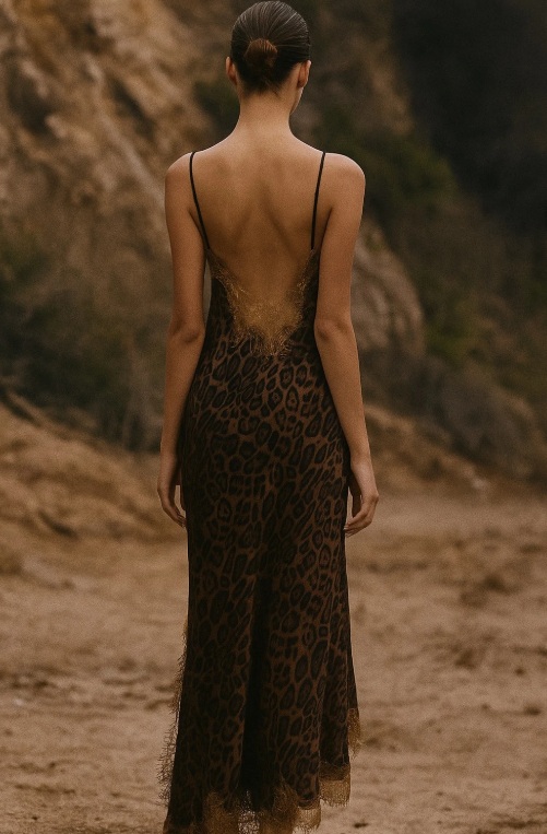 Robe léopard satin fines bretelles asymétrique