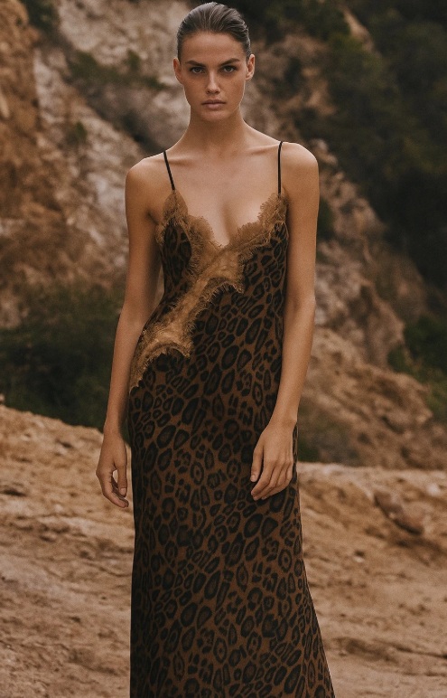 Robe léopard satin fines bretelles asymétrique