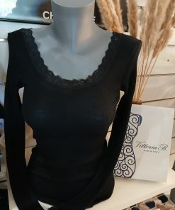 Tee-shirt manches longues noir laine et soie