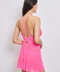 Nuisette courte rose tulle et dentelle