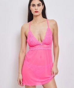 Nuisette courte rose tulle et dentelle