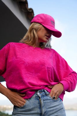 Sweat-shirt éponge rose jacquard palmier Sonia